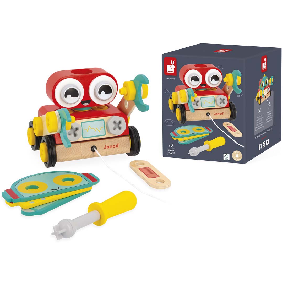 Janod Brico'kids houten robot bouwset met gereedschap en verpakking.