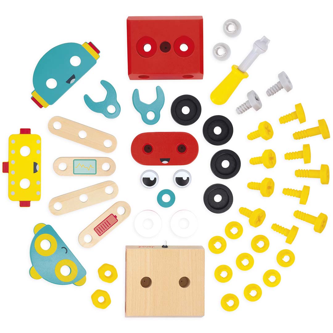Alle losse onderdelen van de Janod Brico'kids houten robot bouwset.