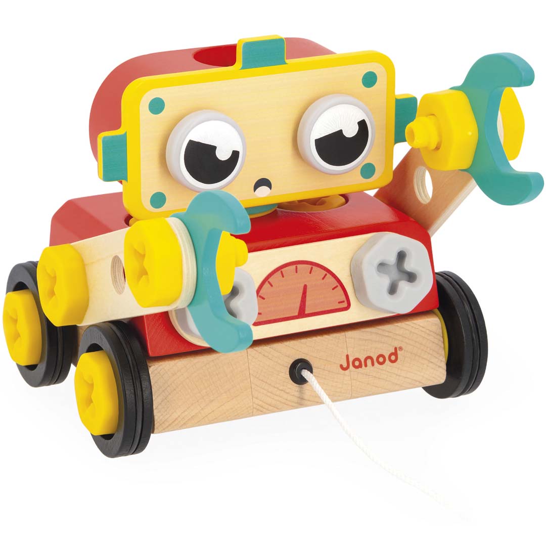 Janod Brico'kids houten robot met gele kop en trekkoord.