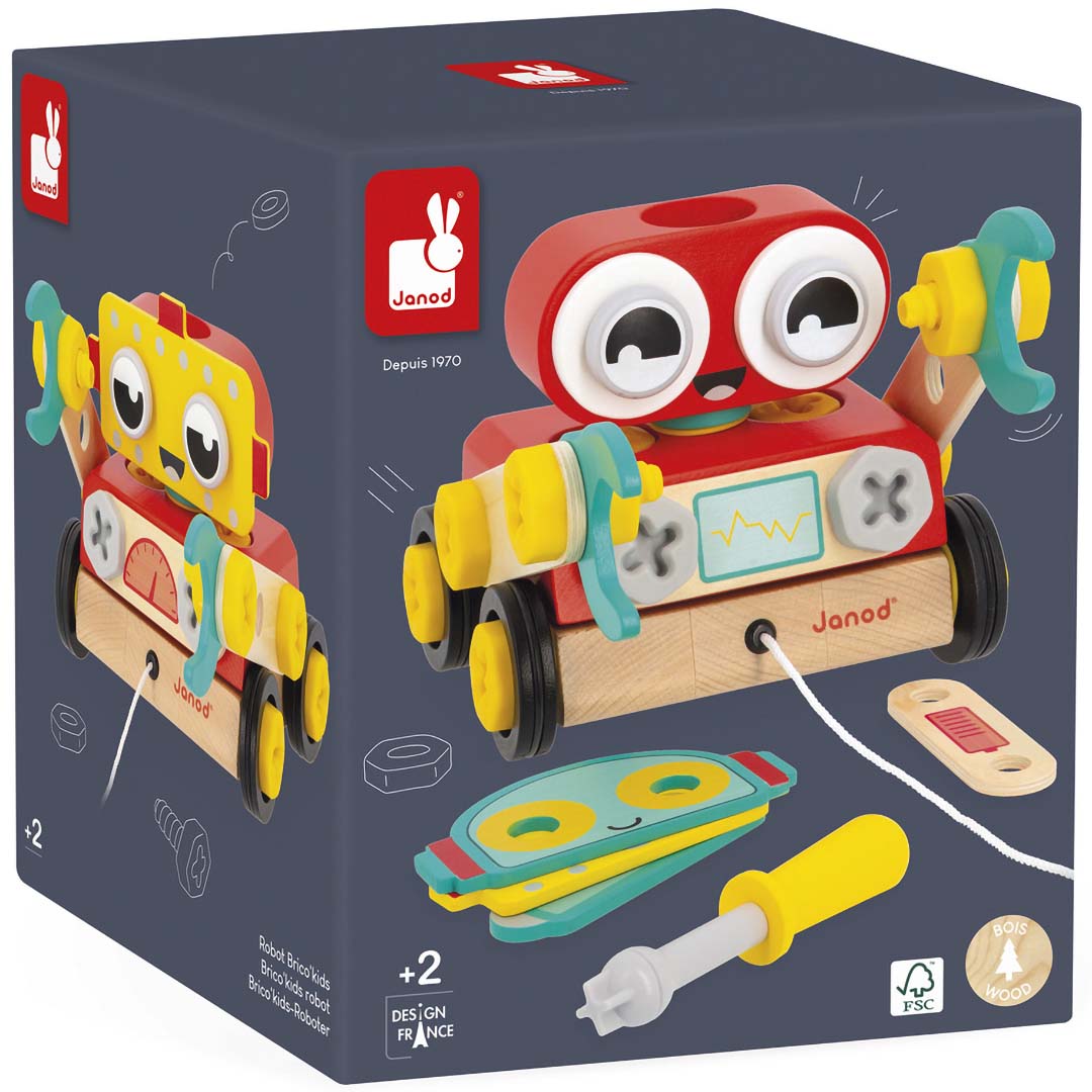 De verpakking van de Janod Brico'kids houten robot bouwset.