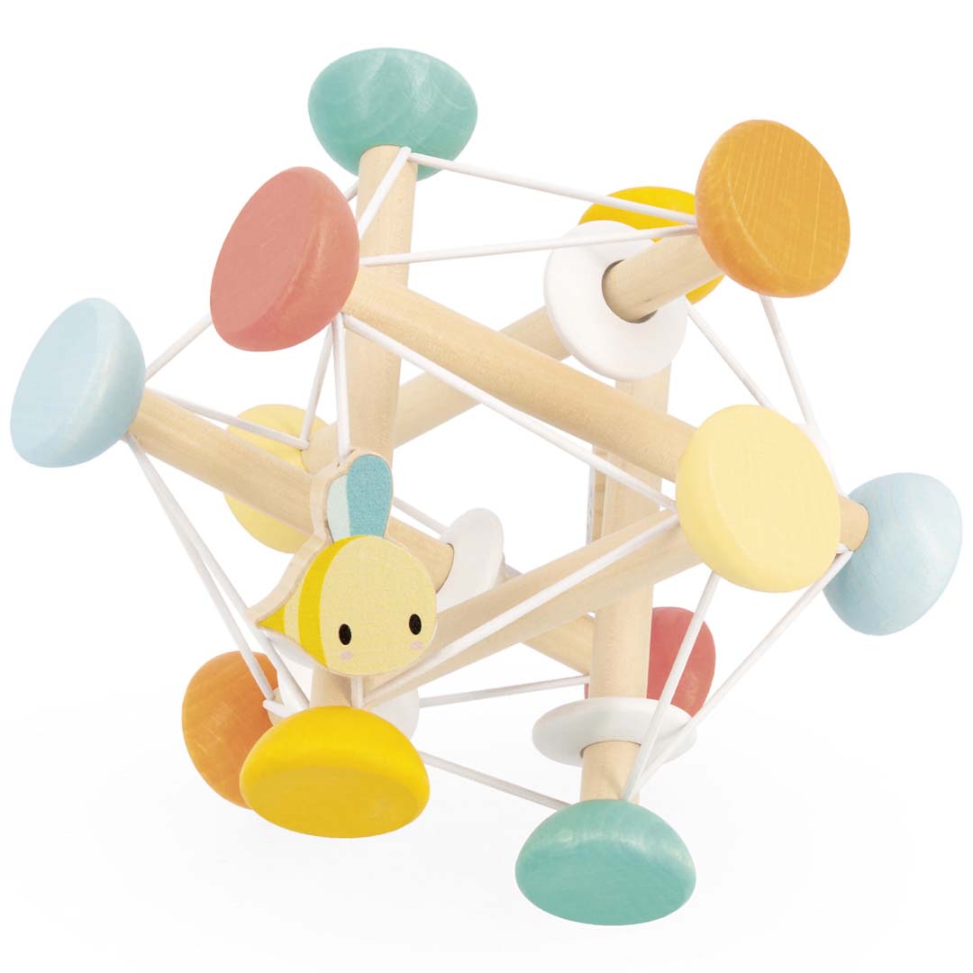 Janod houten sensorische bal met kleurrijke schijven en een bijenfiguur.