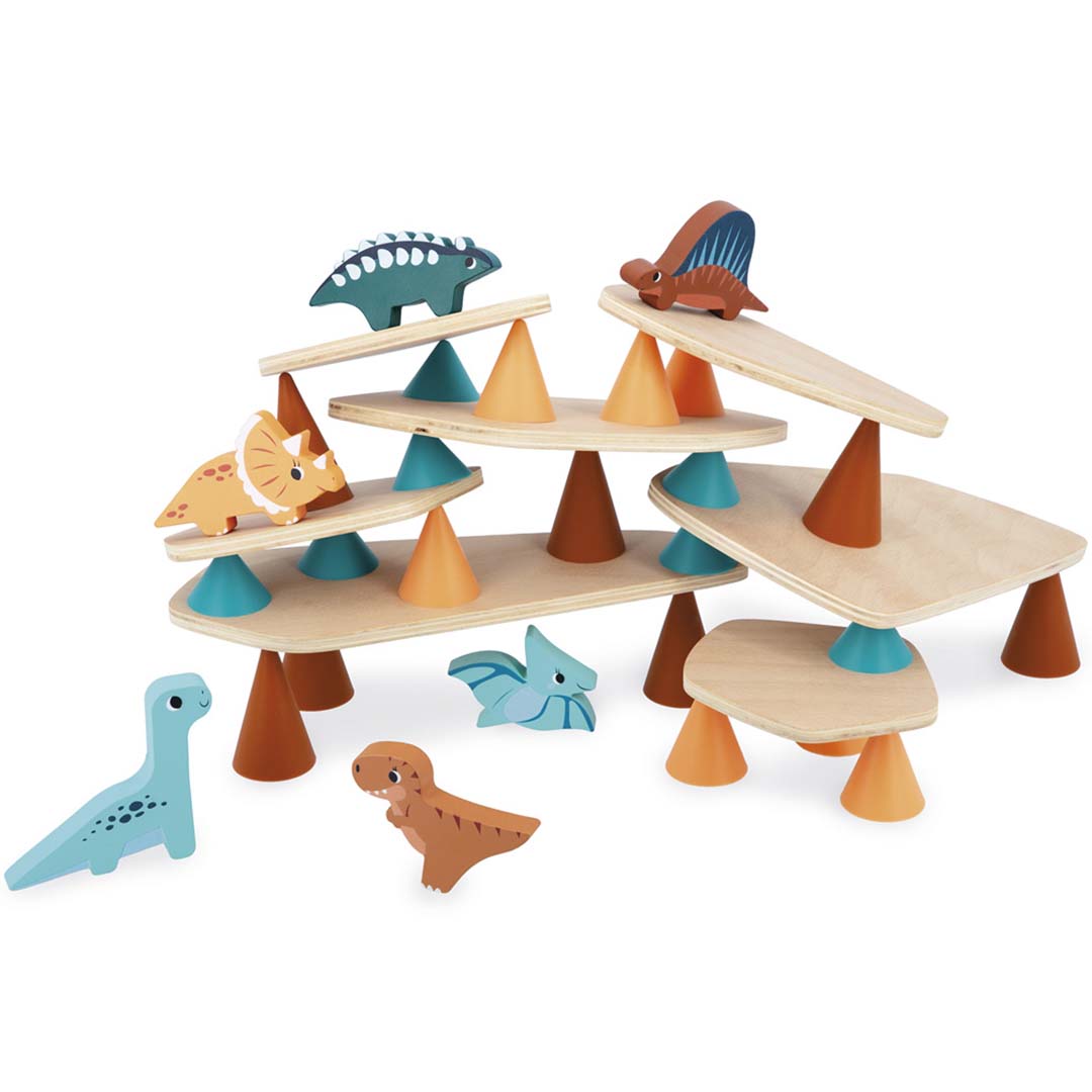 Janod dino stapelspel met houten platforms, gekleurde siliconen kegels en houten dinosaurusfiguren, opgebouwd tot een speelse constructie.