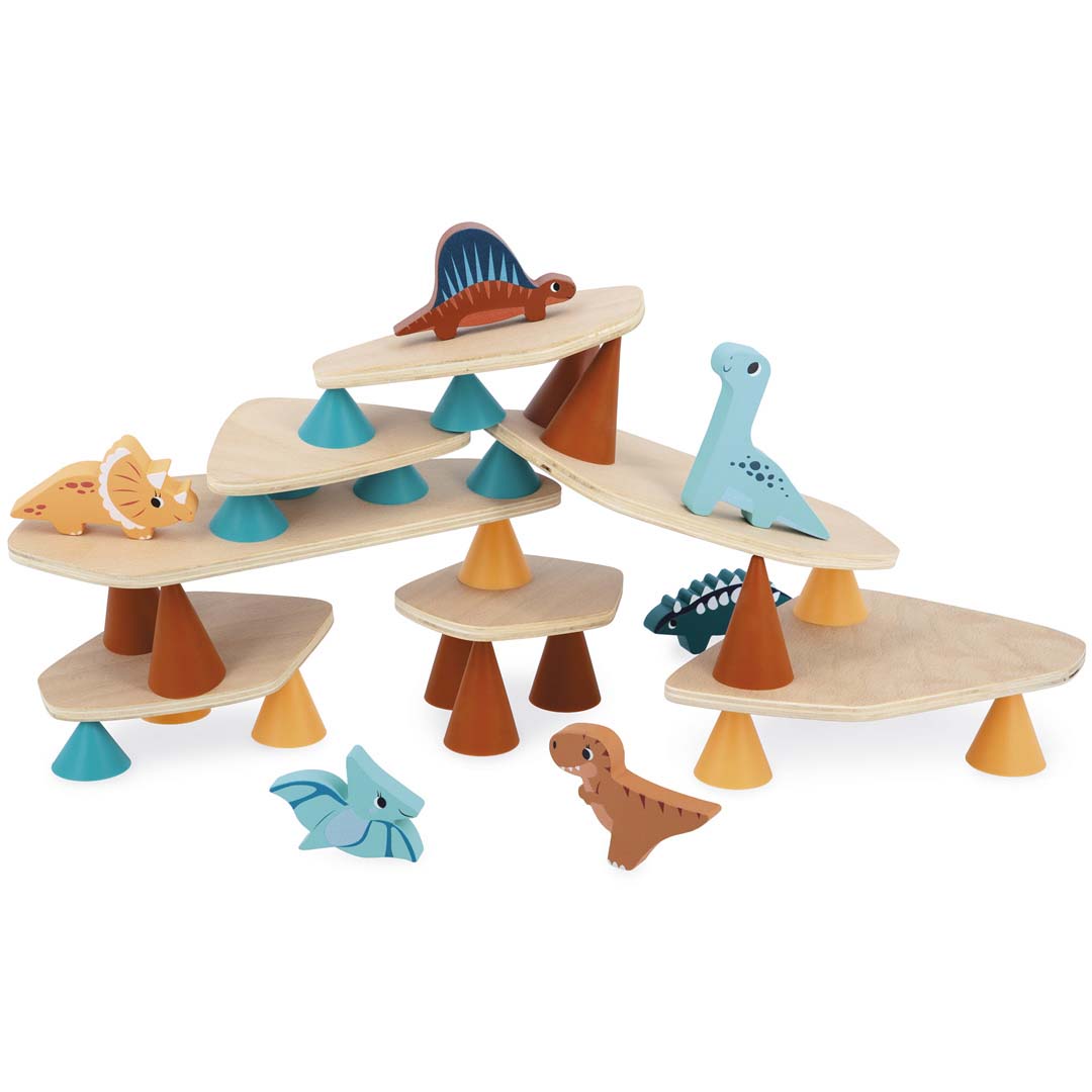 Janod dino stapelspel met houten platforms, gekleurde siliconen kegels en houten dinosaurusfiguren, opgebouwd tot een speelse constructie.