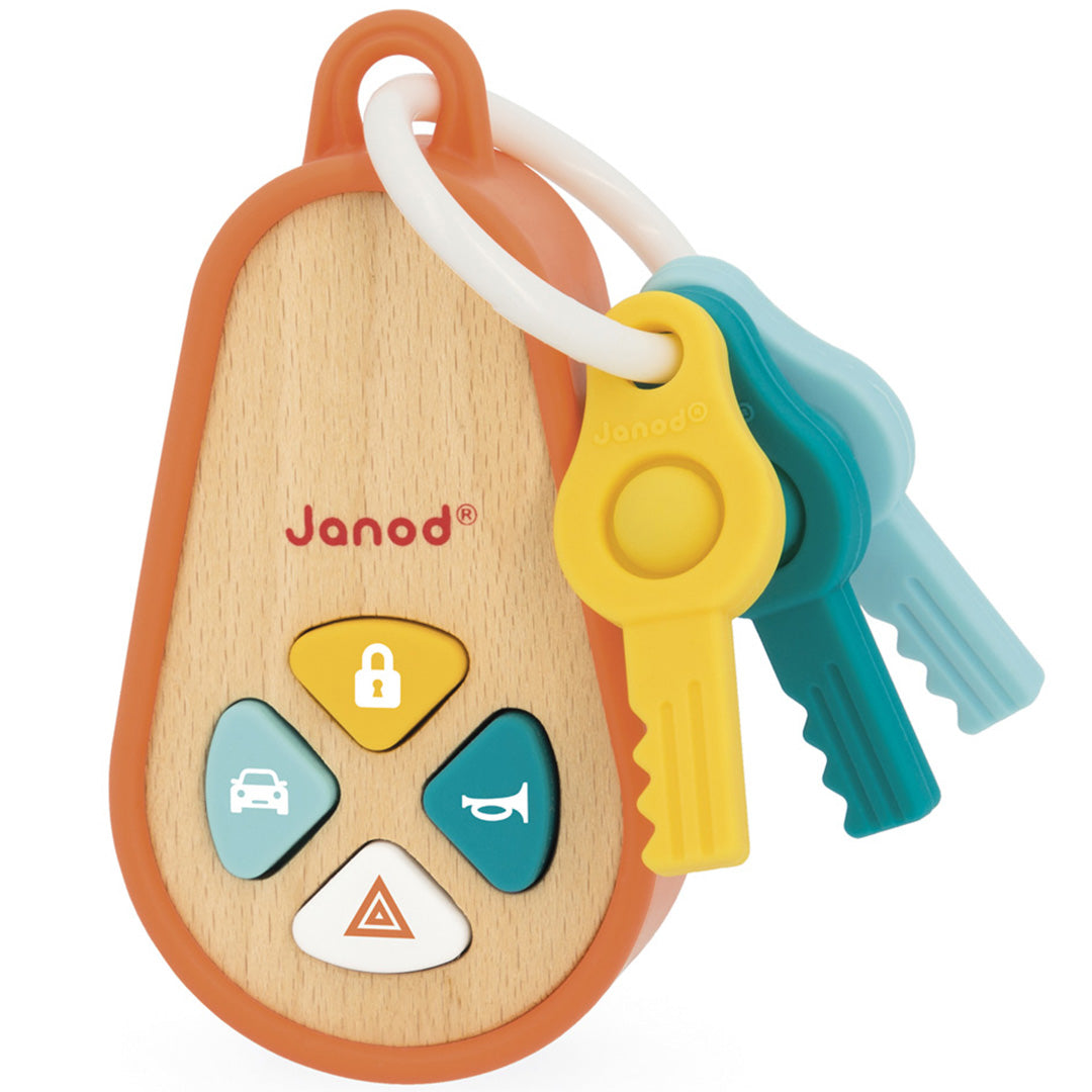 Janod houten activiteitenspeeltje in de vorm van een autosleutel met vier knoppen en drie gekleurde plastic sleutels.