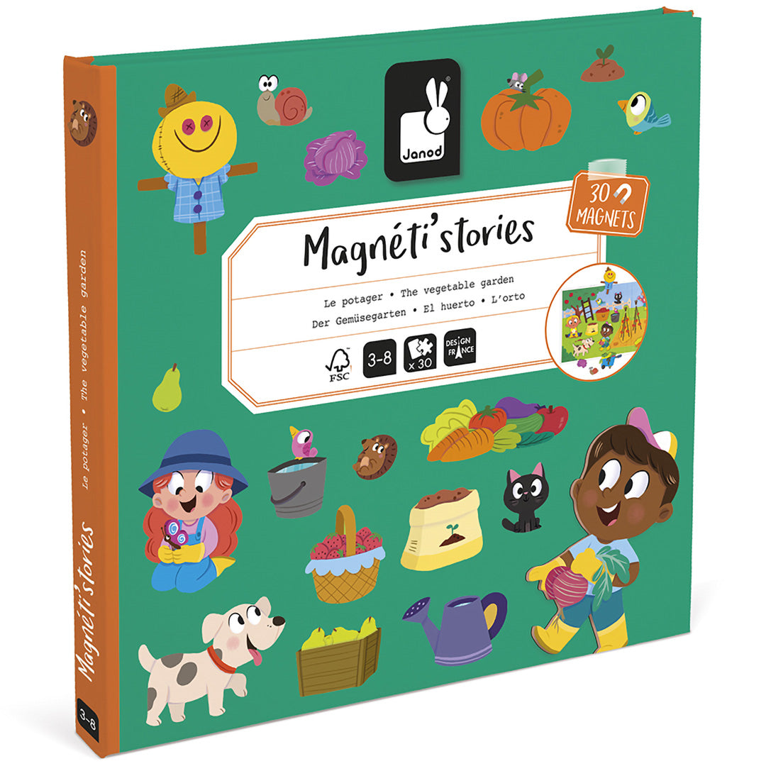 De voorkant van de Janod Magnéti'stories moestuin magnetisch speelboek verpakking.
