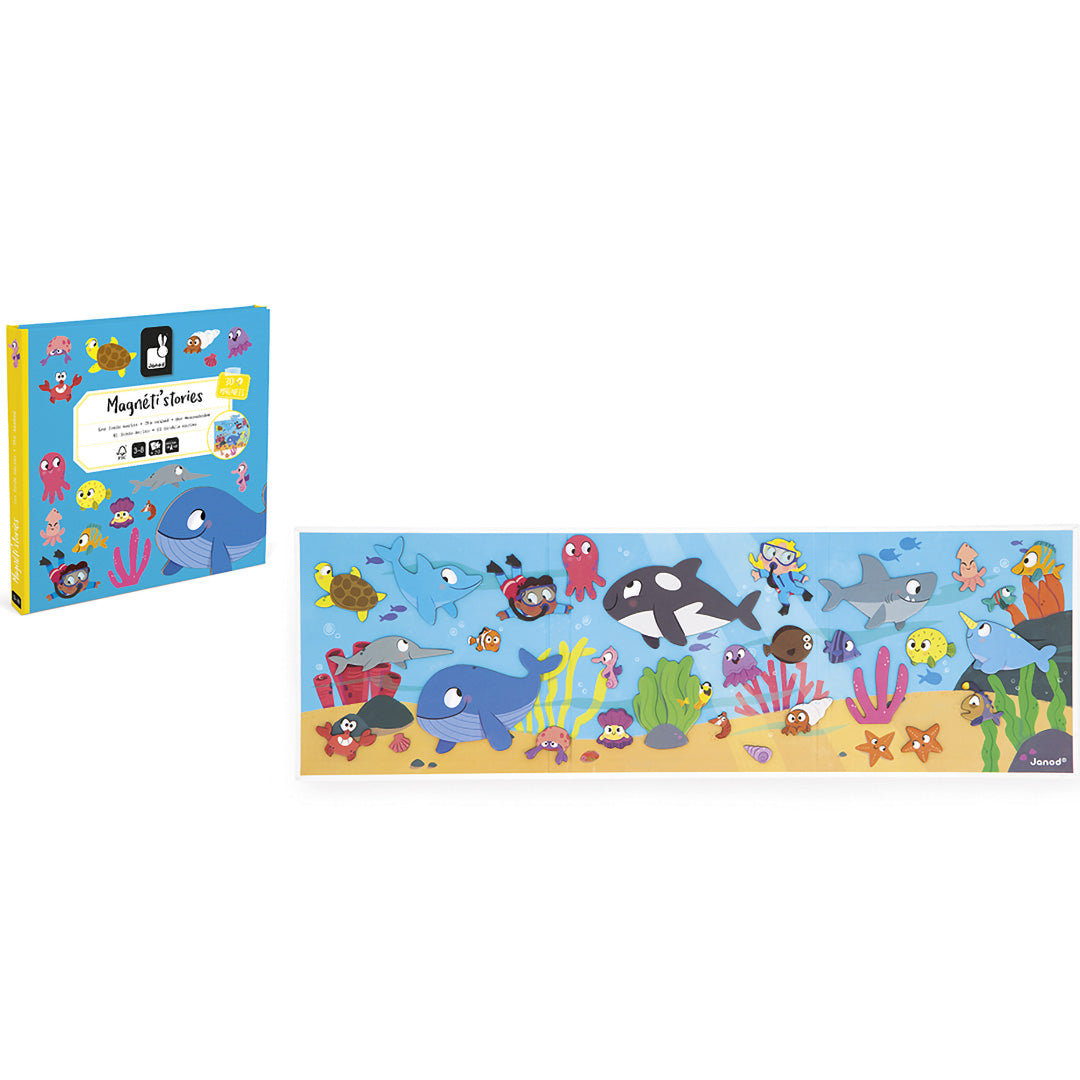 Janod magneetboek Magnéti'stories zeebodem met de verpakking en het speelbord vol onderwaterdieren.