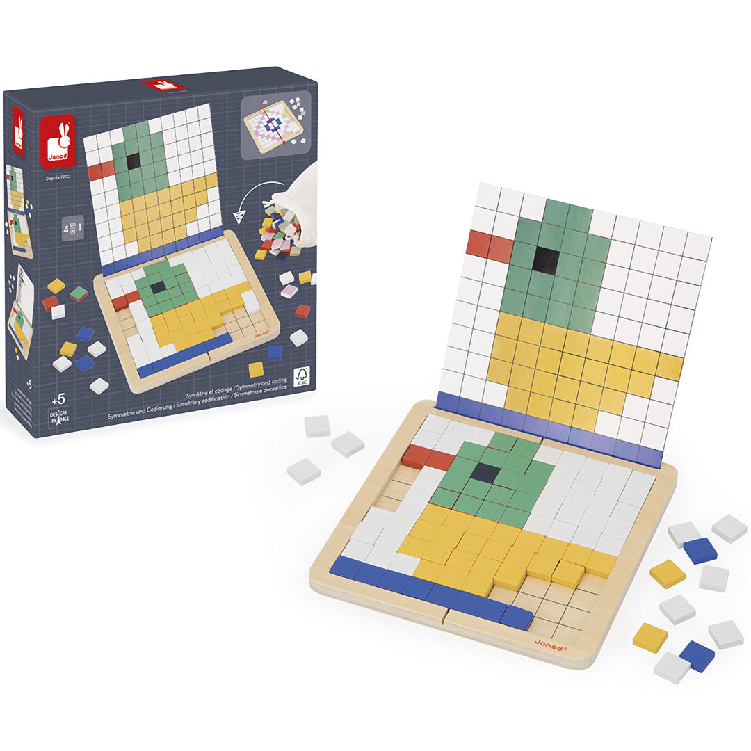 De Janod houten mozaïekpuzzel met een eend patroon naast de productverpakking.