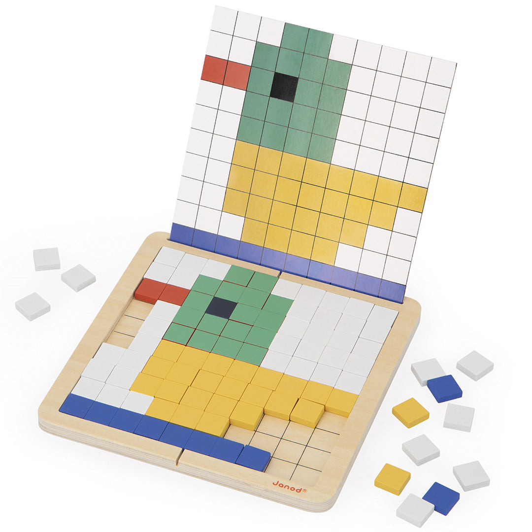 Janod houten mozaïekpuzzel met een deels ingevuld eend patroon en een instructiekaart.