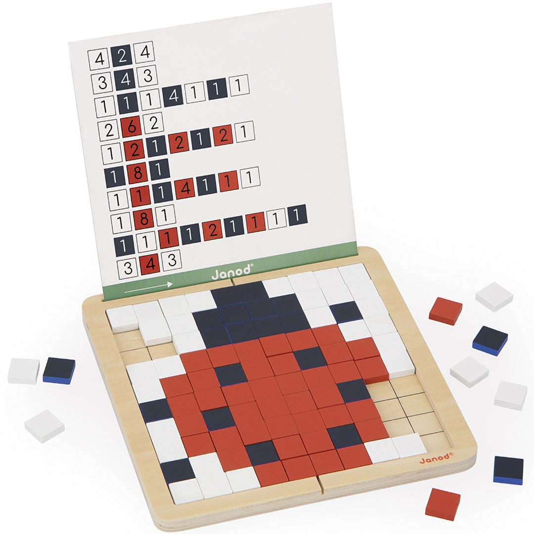 Janod houten mozaïekpuzzel met een deels ingevuld lieveheersbeestje patroon en een instructiekaart.
