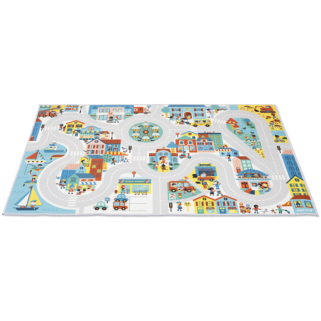 Janod speelkleed 'De Stad' met een gedetailleerde stadsplattegrond, schuin van bovenaf gezien.