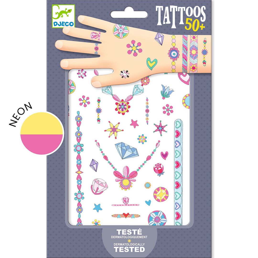 Djeco verpakking van tijdelijke neon tattoos met sieraden, bloemen en diamanten.