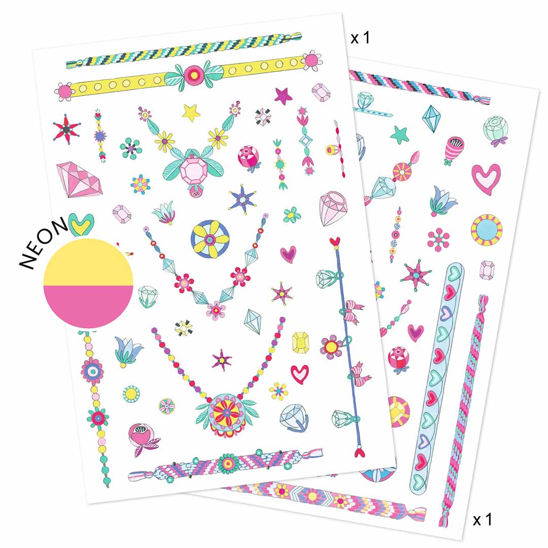 Twee vellen met kleurrijke tijdelijke tattoos van sieraden, bloemen, harten en diamanten.