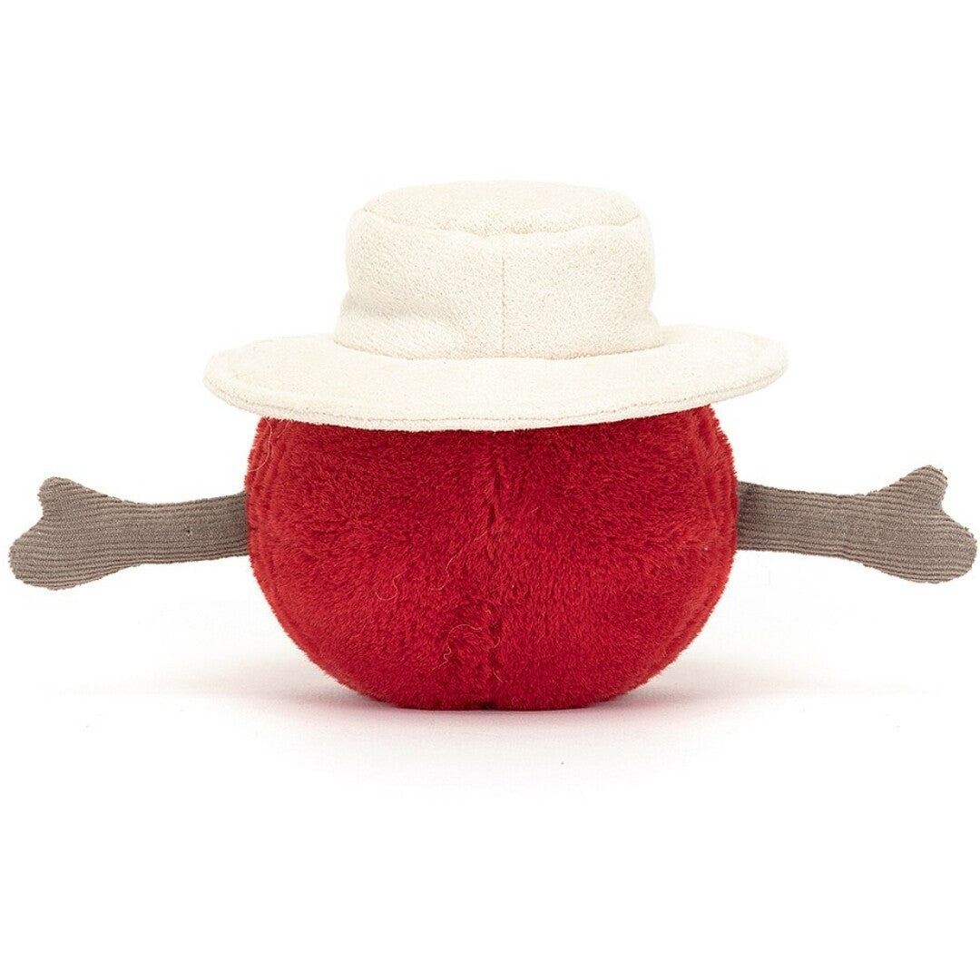 De achterkant van de Jellycat amuseables knuffelbal cricket, met wit hoedje en twee grijze armen.