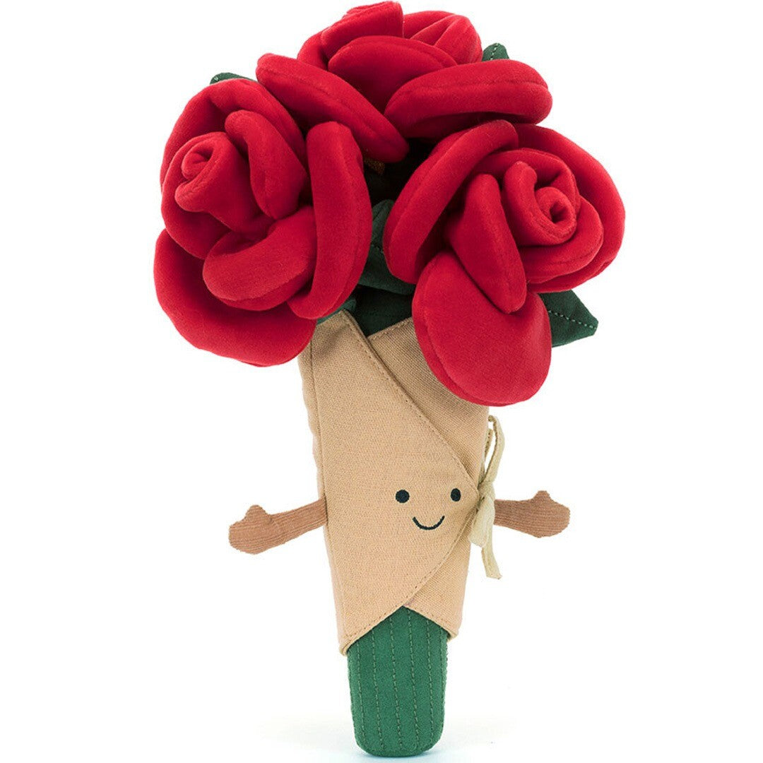 Jellycat knuffelboeket met rode rozen in een beige wikkel met een lachend gezichtje.
