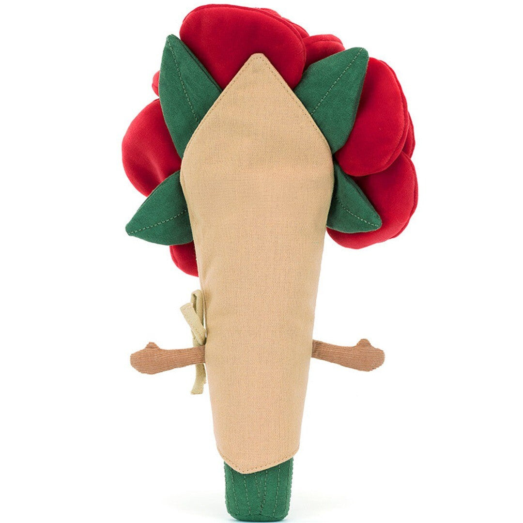 Achteraanzicht van het Jellycat knuffelboeket met rode rozen en groene bladeren.