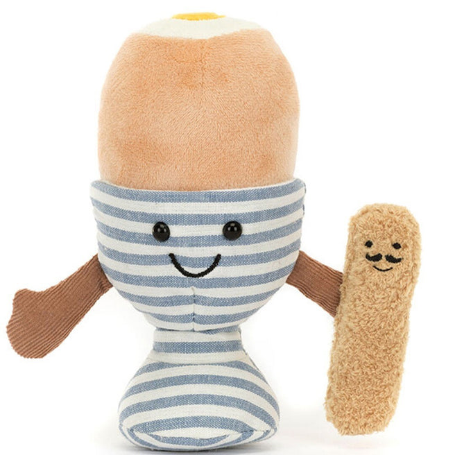 Jellycat knuffelei in gestreepte eierdop met een knuffelsoldaatje.