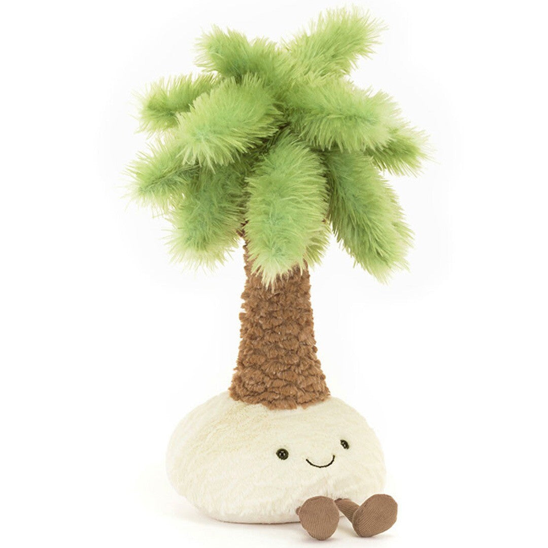 Jellycat Amuseables Pammie knuffelpalmboom met een lachend gezichtje en kleine voetjes.
