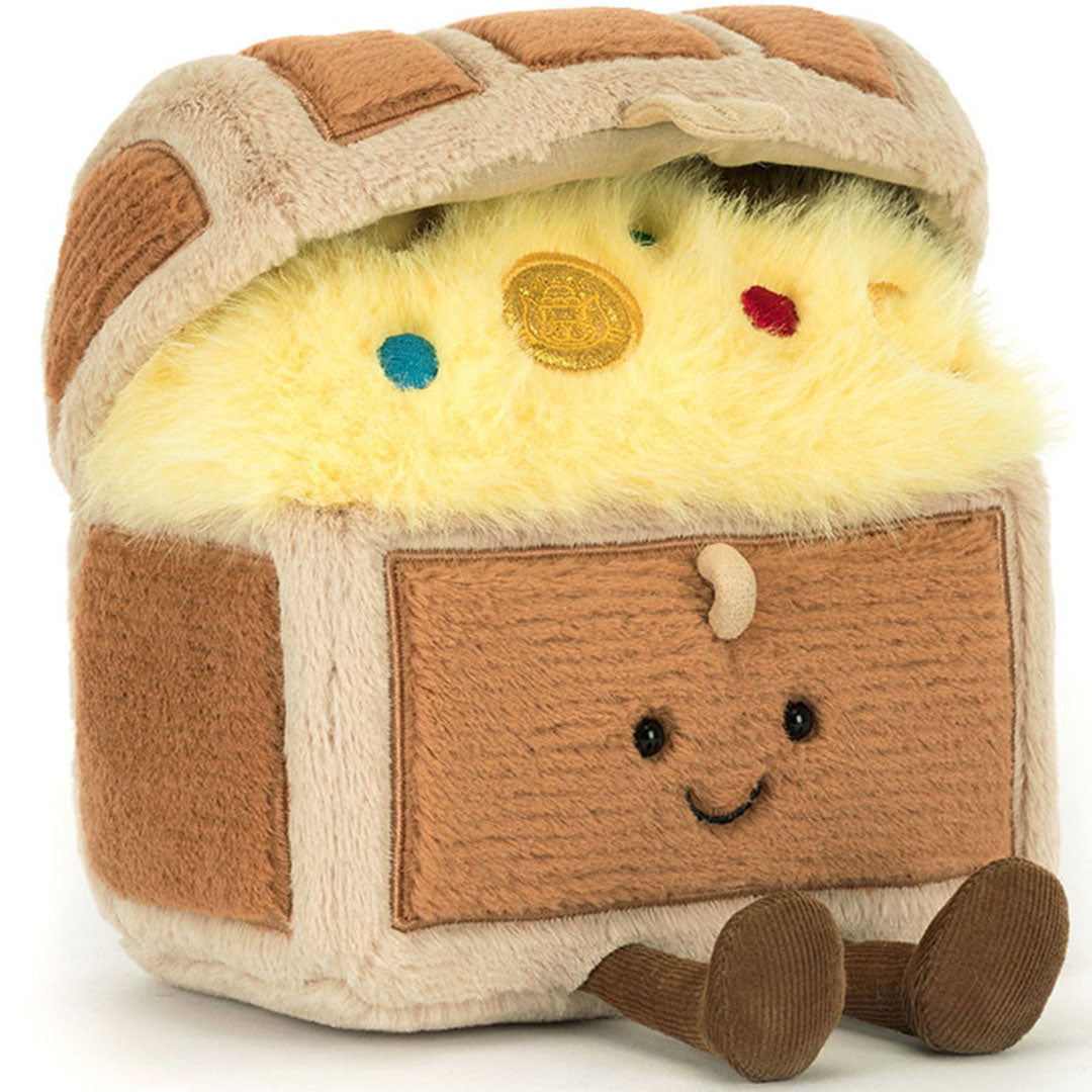 Jellycat pluchen schatkist knuffel met open deksel, gevuld met geel 'goud' en edelstenen, en een vrolijk gezichtje.
