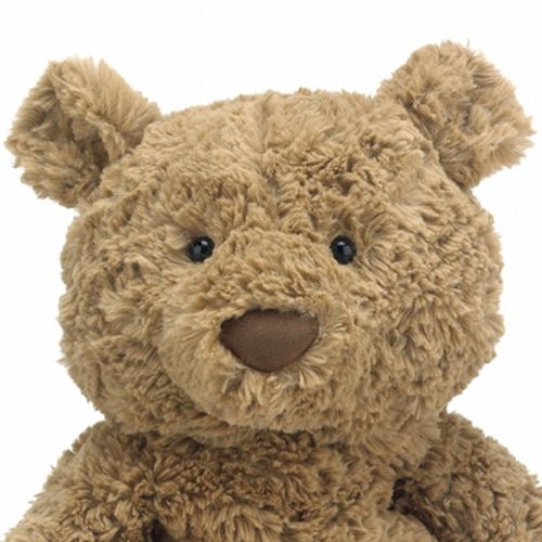 Detailopname van het gezicht van de Jellycat knuffelbeer Bartholomew.