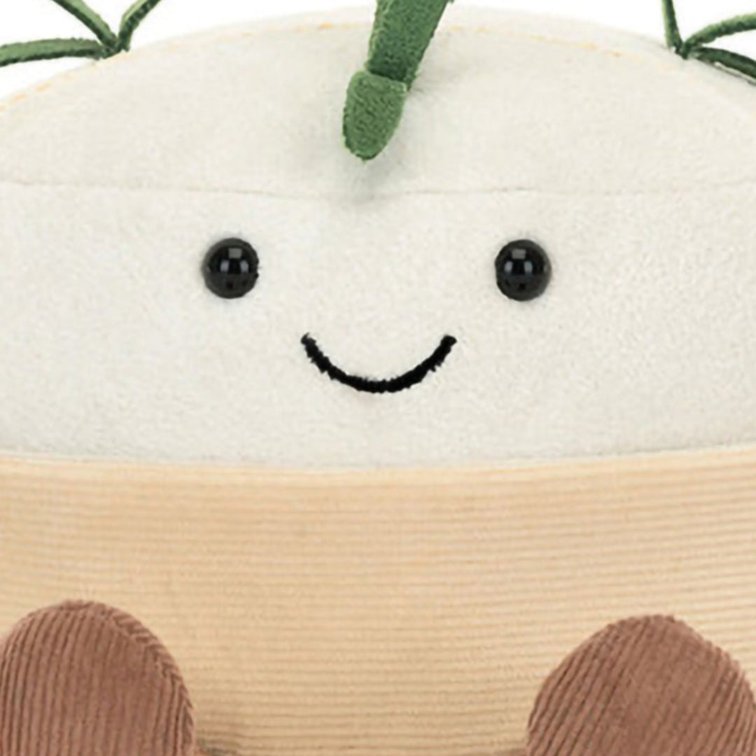 Detailopname van het lachende gezicht van de Jellycat Amuseables camembert pluchen speelgoed.