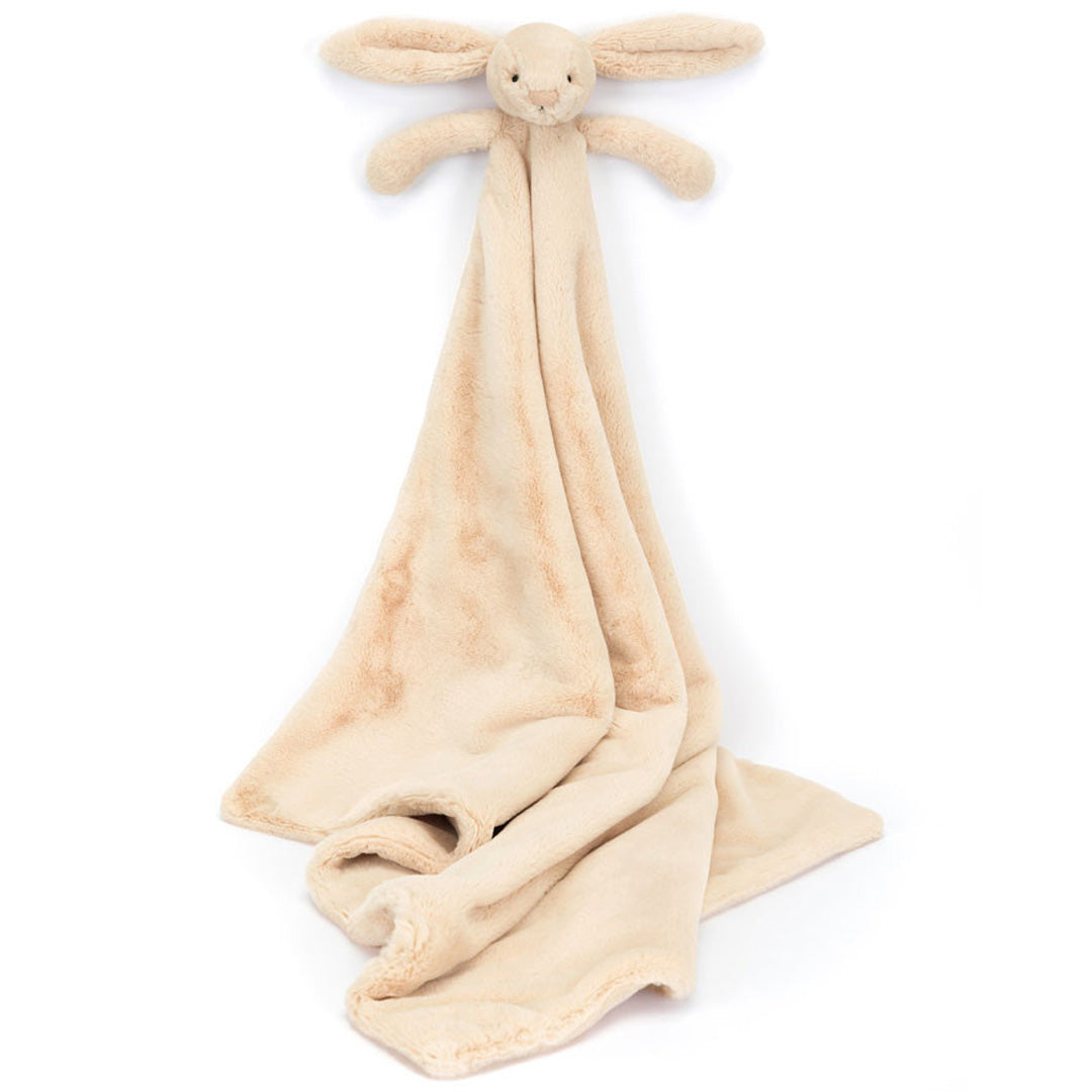 Jellycat knuffeldekentje in de vorm van een beige konijn, verticaal hangend en uitgevouwen.