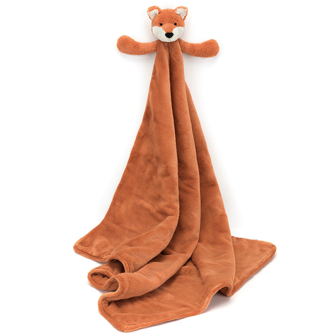 Jellycat knuffeldekentje in de vorm van een vos, uitgevouwen en hangend.
