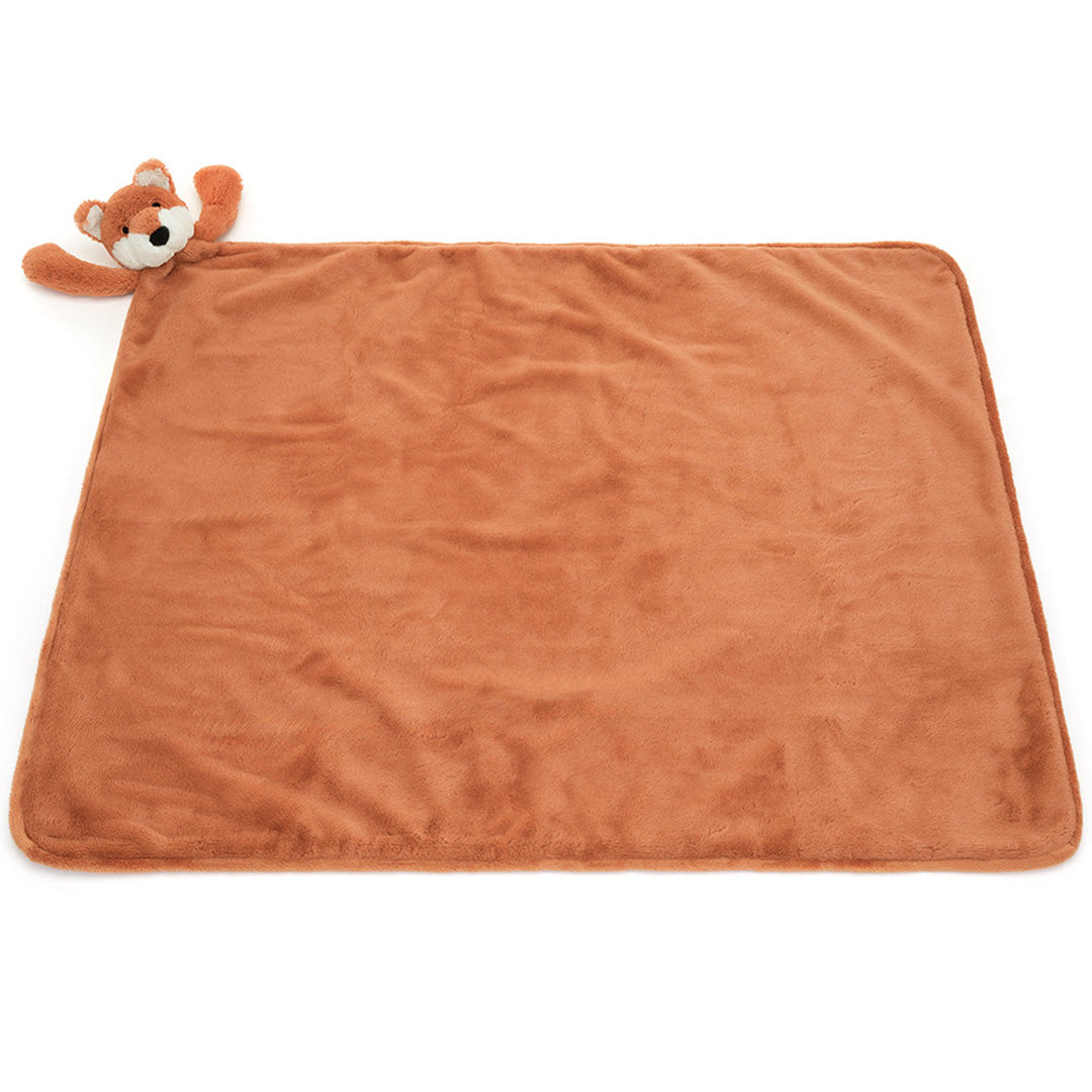 Jellycat knuffeldekentje in de vorm van een vos, volledig uitgevouwen en plat liggend.