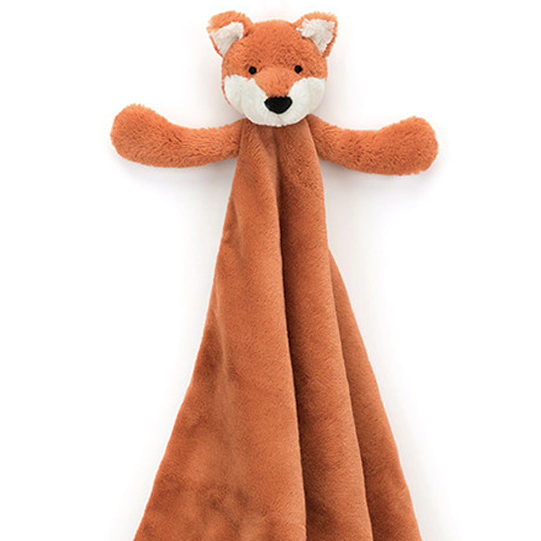 Jellycat knuffeldekentje in de vorm van een vos, uitgevouwen en hangend.