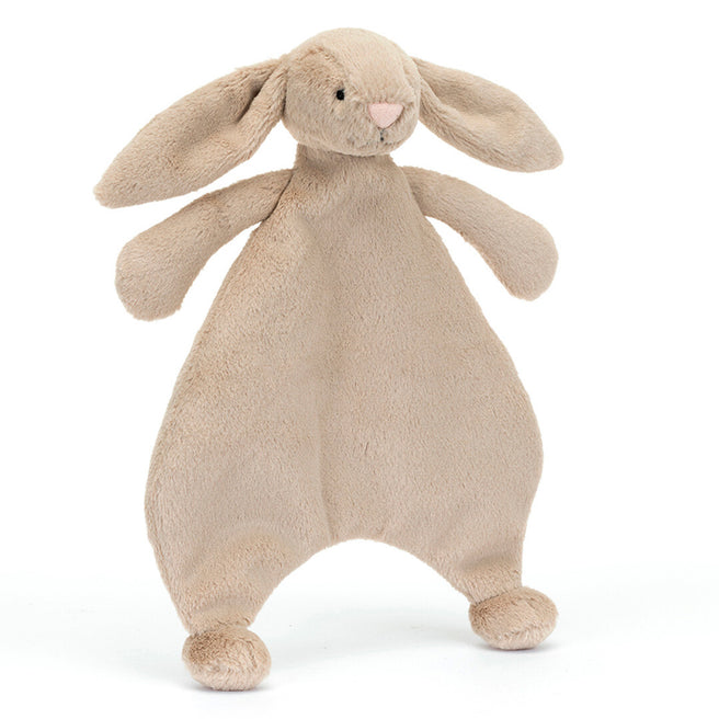 Jellycat pluchen knuffeldoek in de vorm van een beige konijn, vooraanzicht.