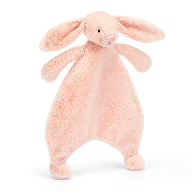 Jellycat roze pluchen knuffeldoek konijn, van voren gezien.
