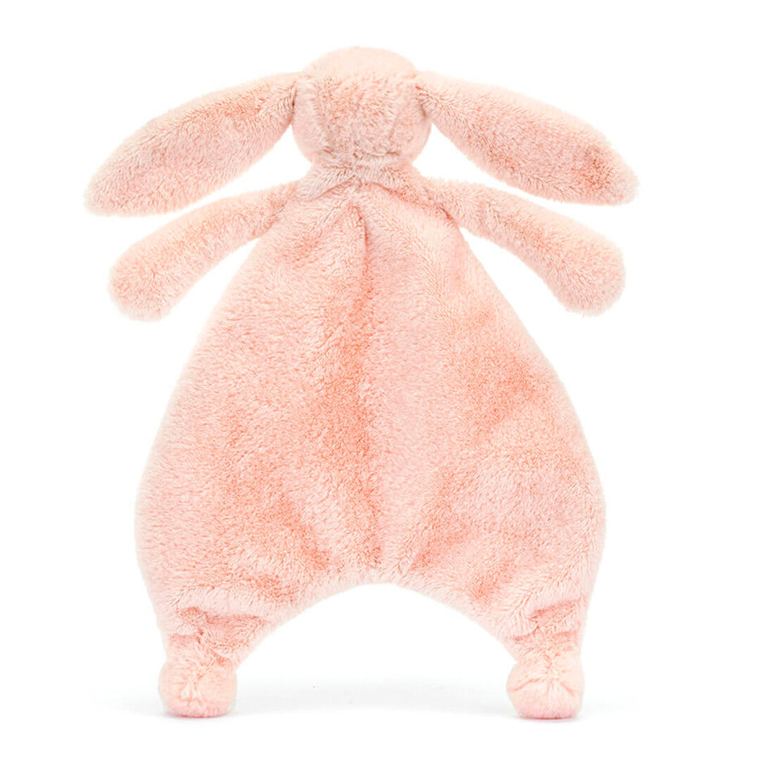 Jellycat roze pluchen knuffeldoek konijn, van achteren gezien.