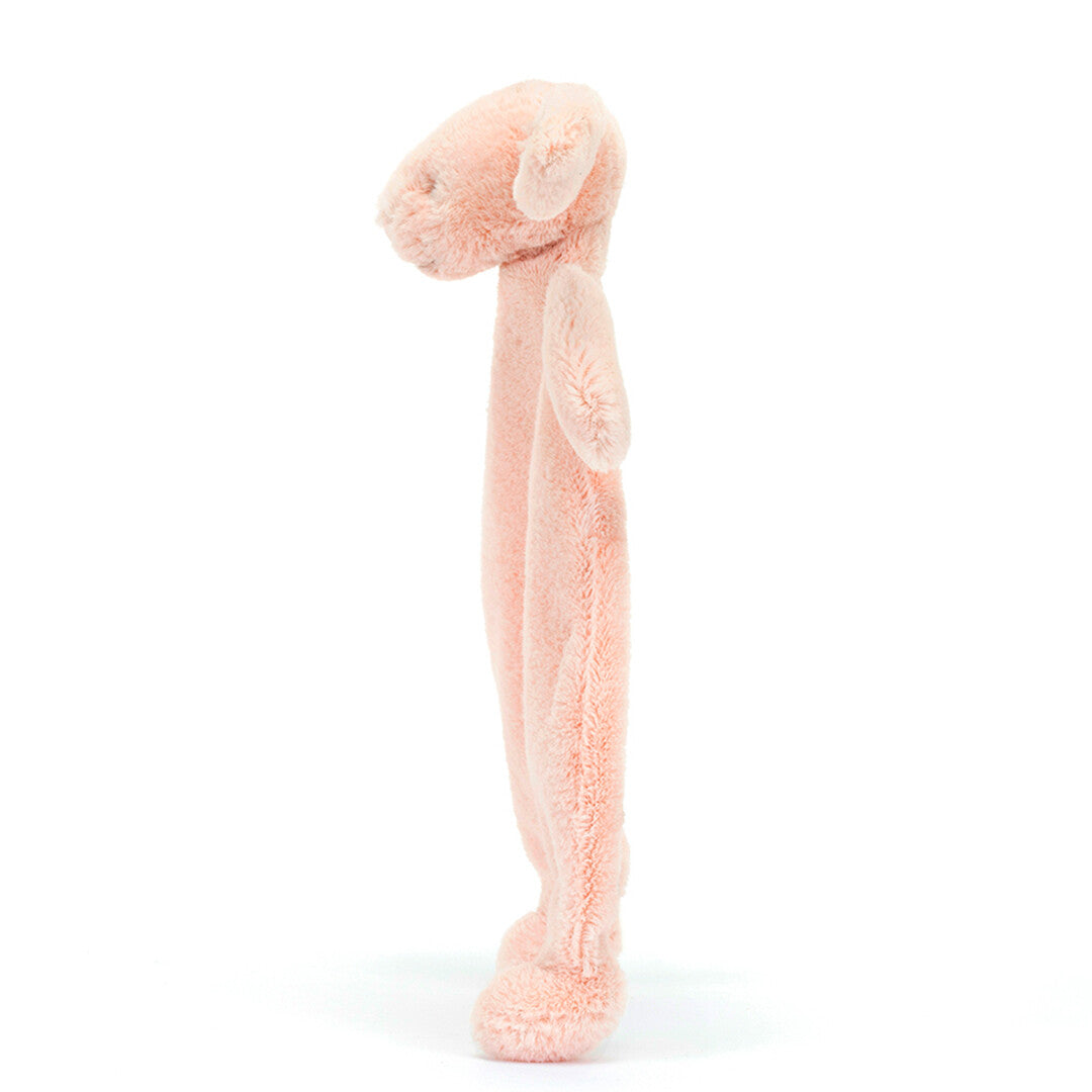 Jellycat roze pluchen knuffeldoek konijn, van de zijkant gezien.