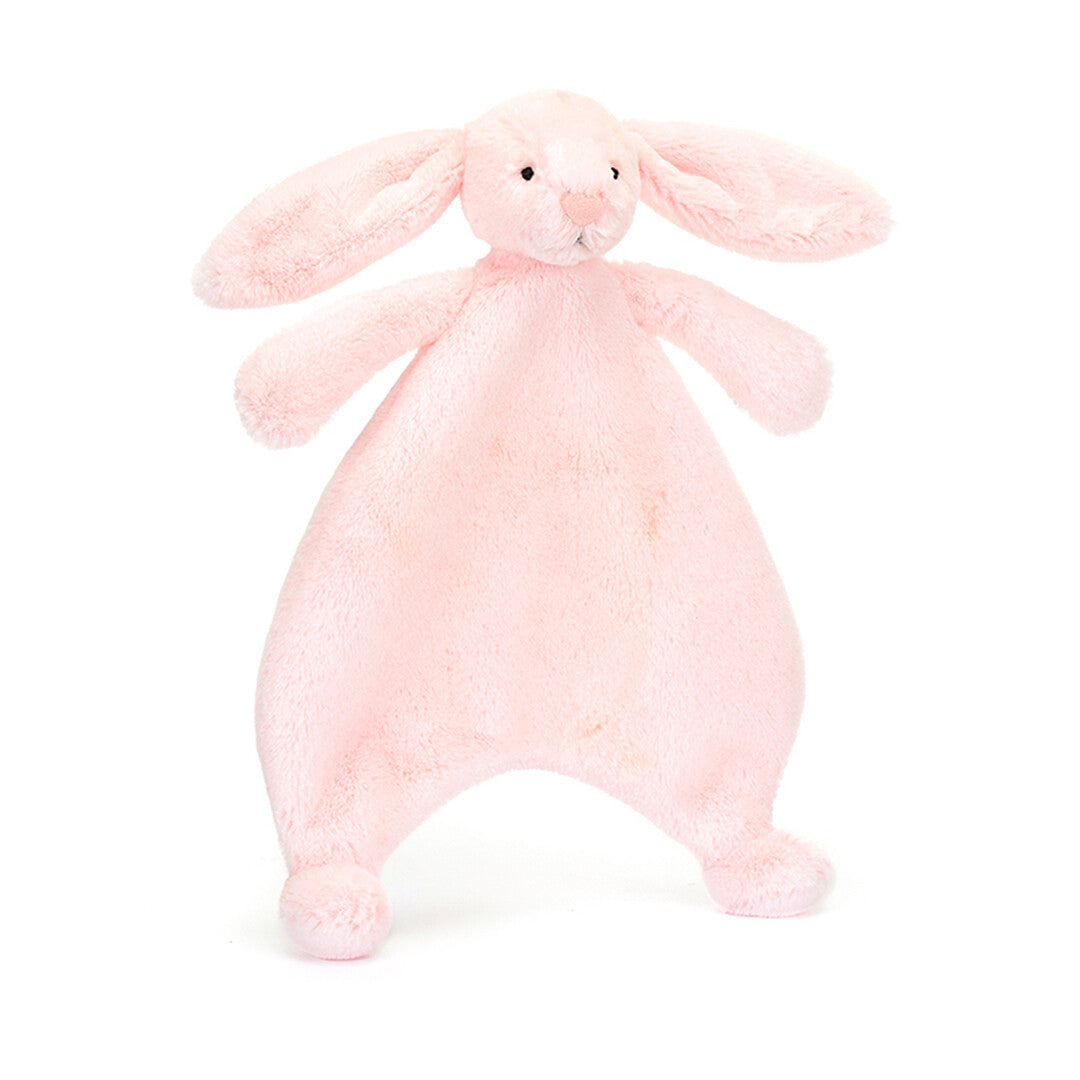 Jellycat roze konijn knuffeldoek, staand op een witte achtergrond.