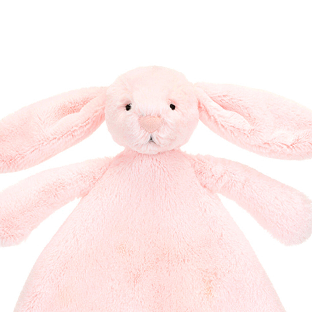 Close-up van de voorkant van de Jellycat roze konijn knuffeldoek.