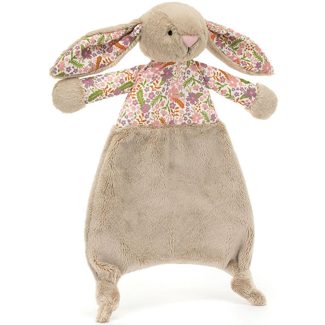 Jellycat pluchen knuffeldoek in de vorm van een beige konijn met gebloemde oren en lijfje.