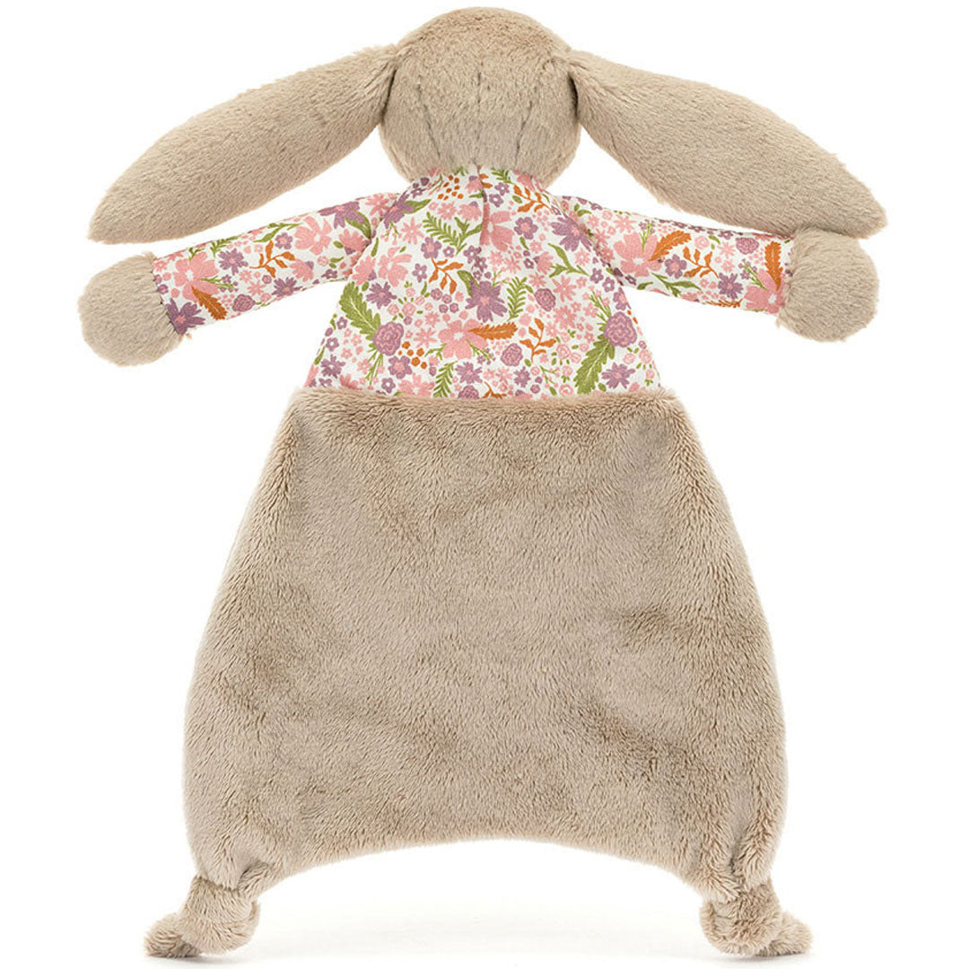 Achteraanzicht van de Jellycat pluchen knuffeldoek in de vorm van een beige konijn met gebloemd lijfje.