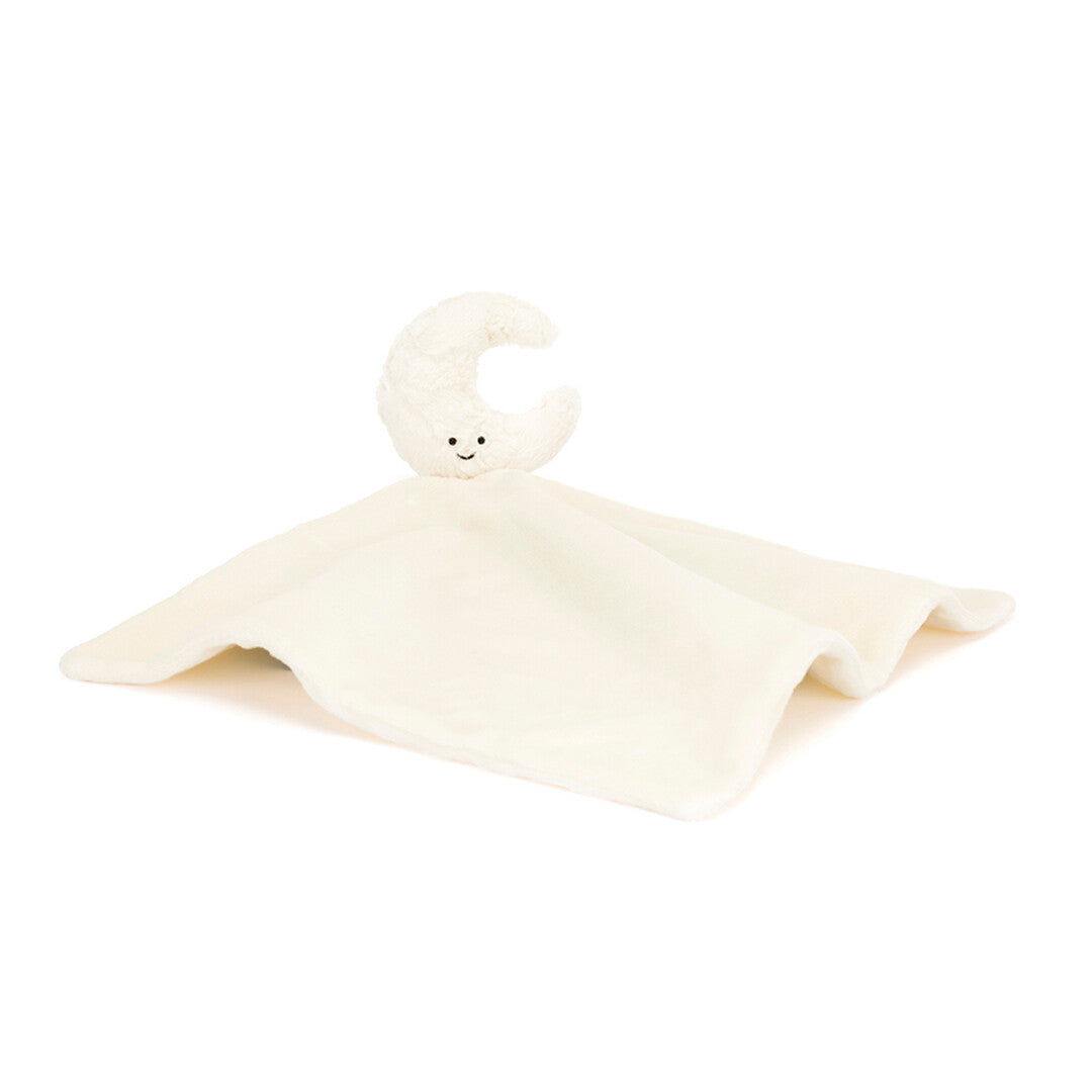 Jellycat pluchen knuffeldoek in de vorm van een beige maan met een lachend gezichtje.