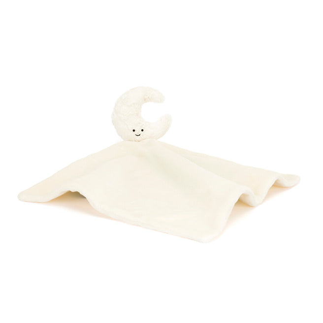 Jellycat pluchen knuffeldoek in de vorm van een beige maan met een lachend gezichtje.