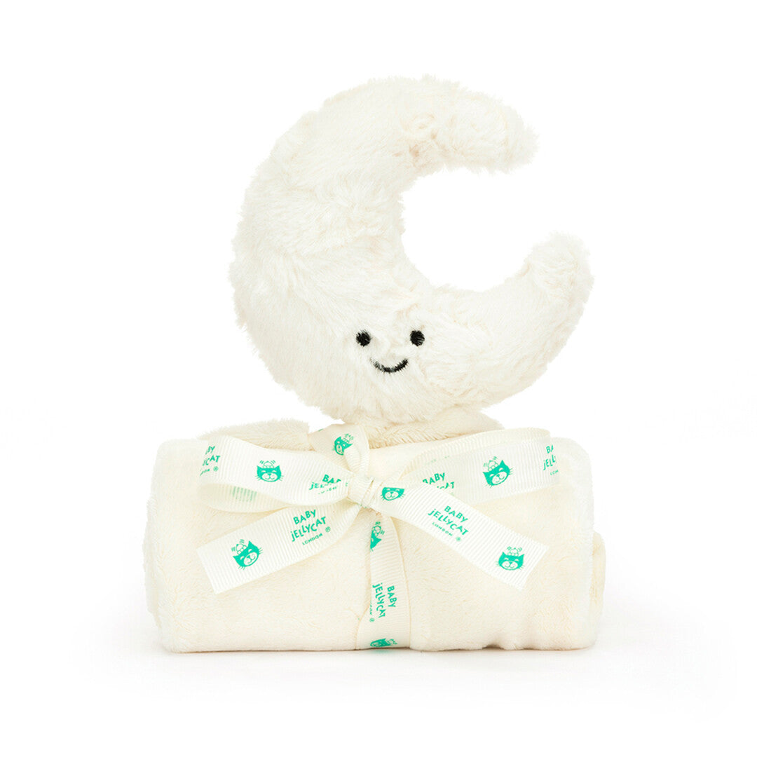 Jellycat pluchen knuffeldoek in de vorm van een beige maan, opgerold en vastgebonden met een lint.