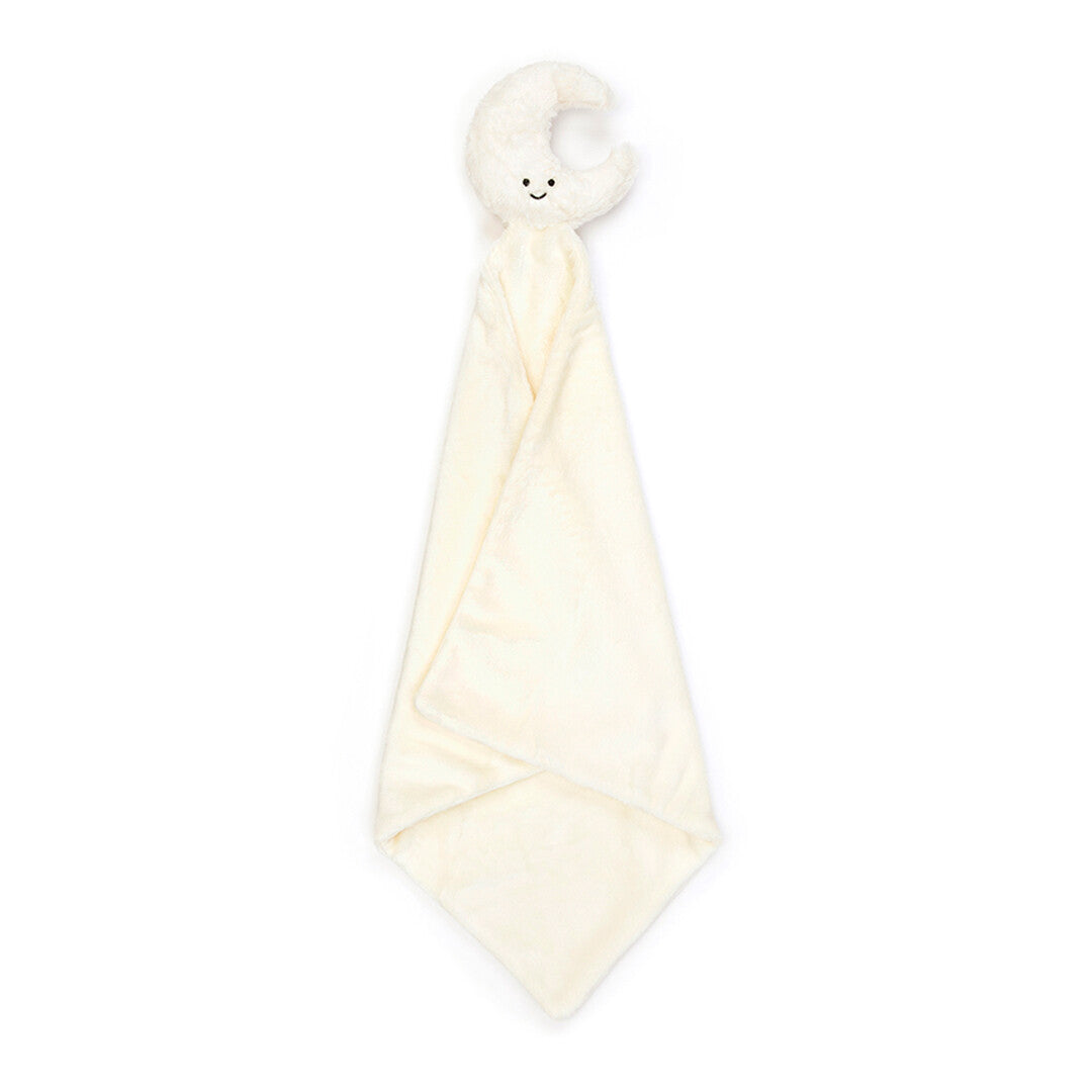 Jellycat pluchen knuffeldoek in de vorm van een beige maan, verticaal gevouwen.