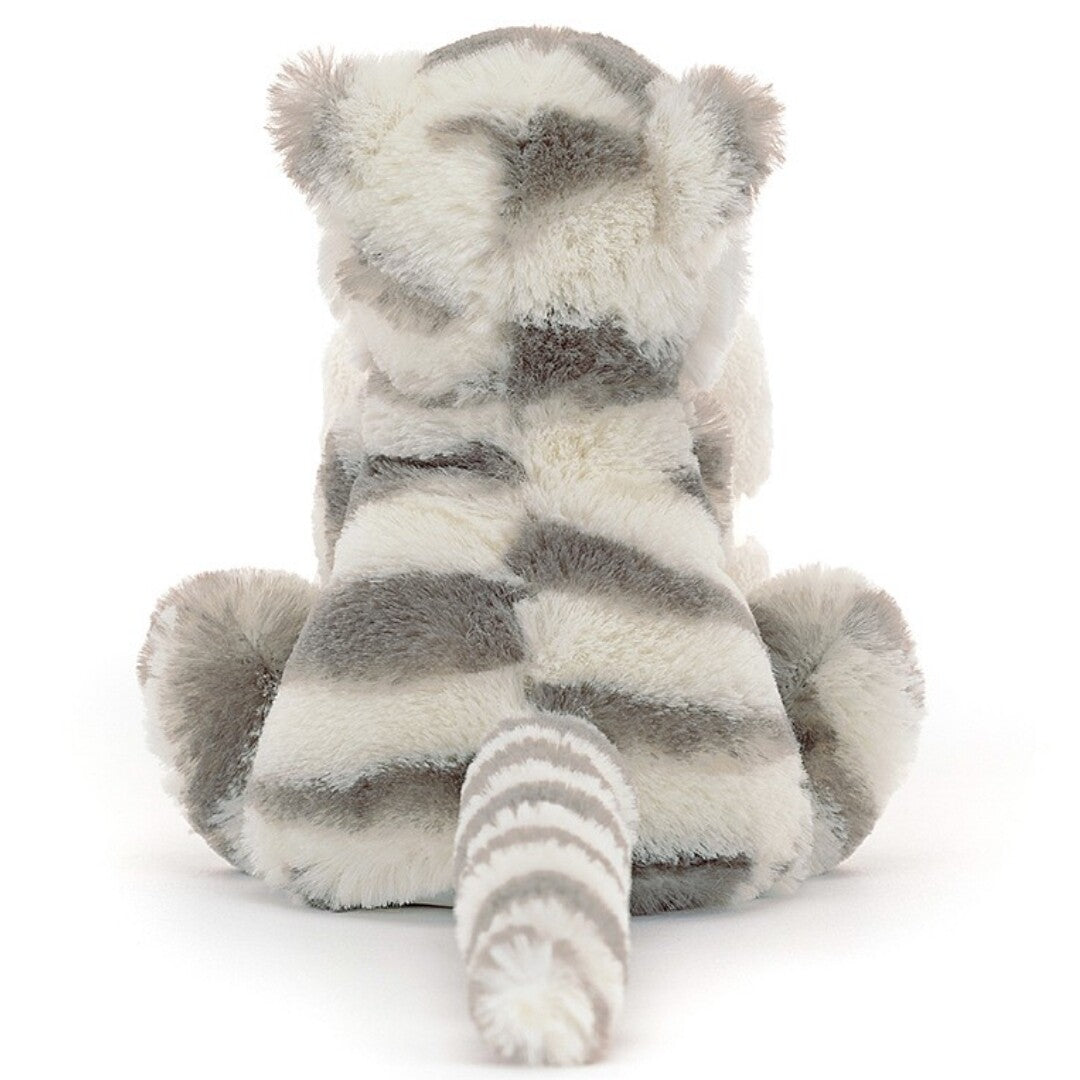 Achteraanzicht van de Jellycat witte tijgerknuffel, zittend.