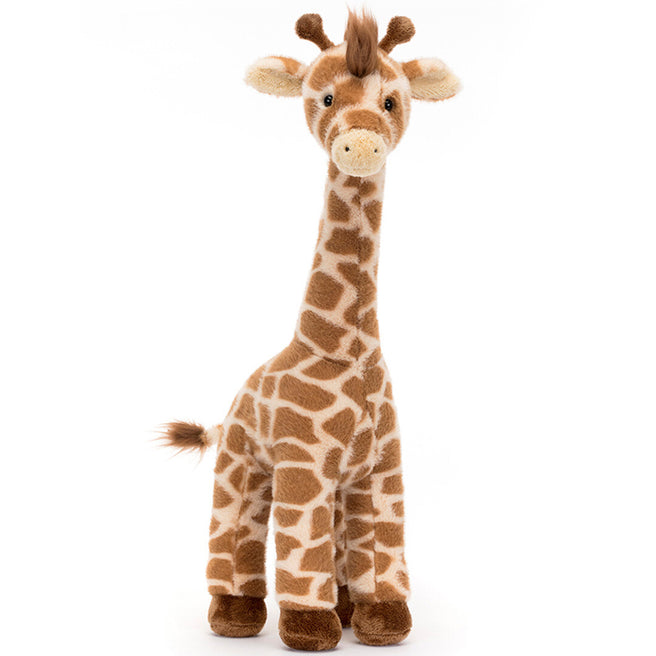 Jellycat knuffelgiraffe met beige en bruine vlekken, van voren gezien.