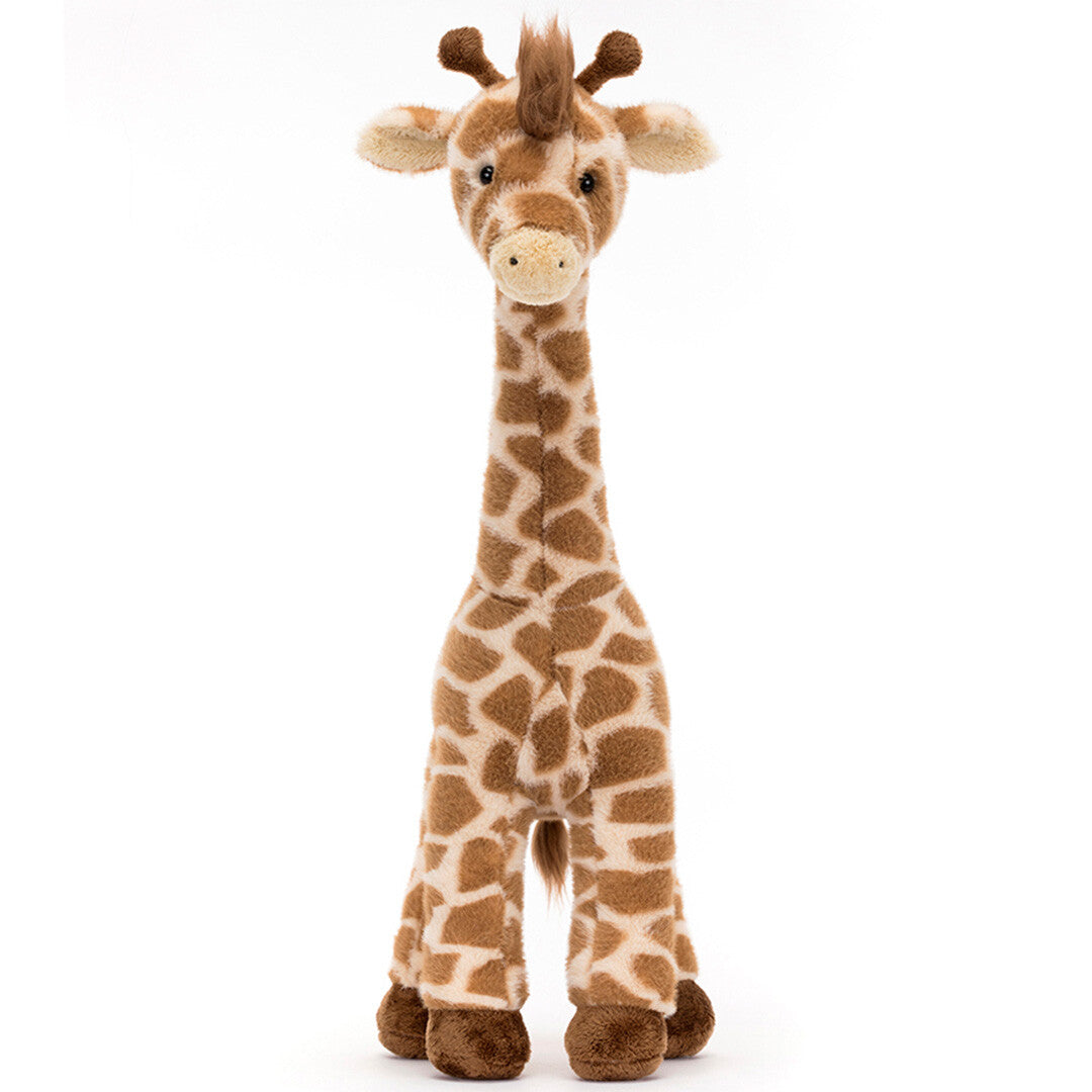 Jellycat knuffelgiraffe met beige en bruine vlekken, recht van voren gefotografeerd.