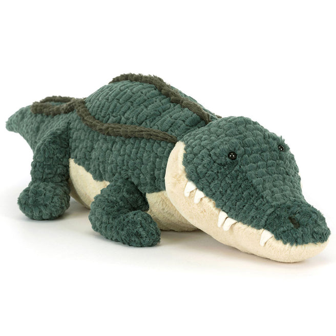 Jellycat pluchen krokodil Allexi, schuin van voren gezien, met groene textuur en lichte buik.