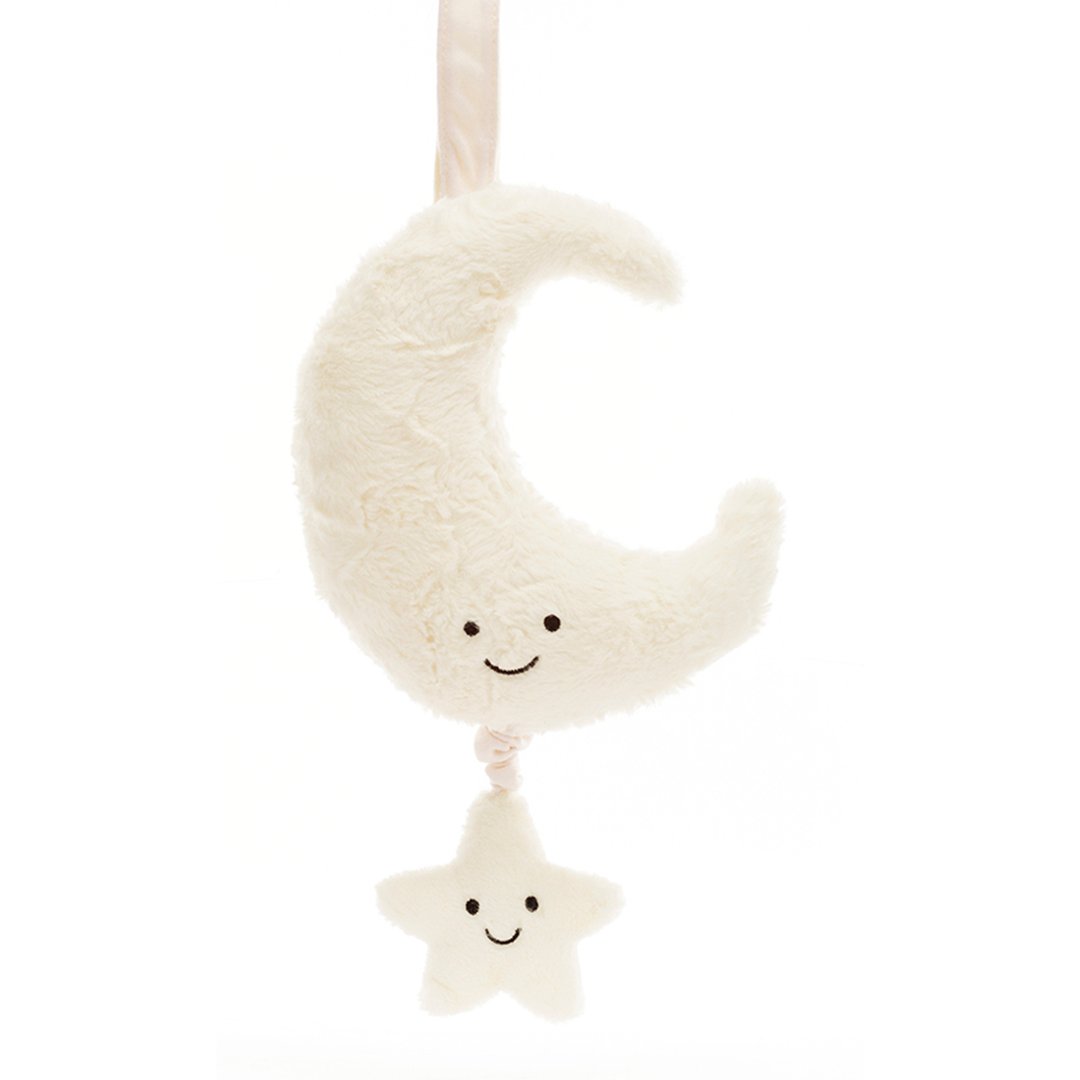 Jellycat babyspeelgoed muziekdoosje in de vorm van een beige maan met een ster.