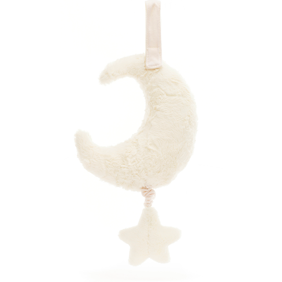 Achterkant van het Jellycat babyspeelgoed muziekdoosje in de vorm van een beige maan met een ster.