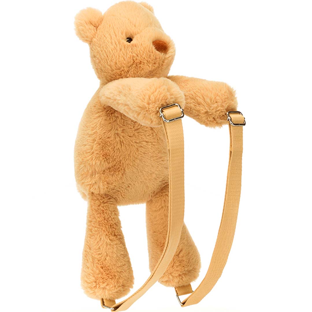 Jellycat peuterrugzak in de vorm van een lichtbruine knuffelbeer, van voren gezien met de schouderbanden.