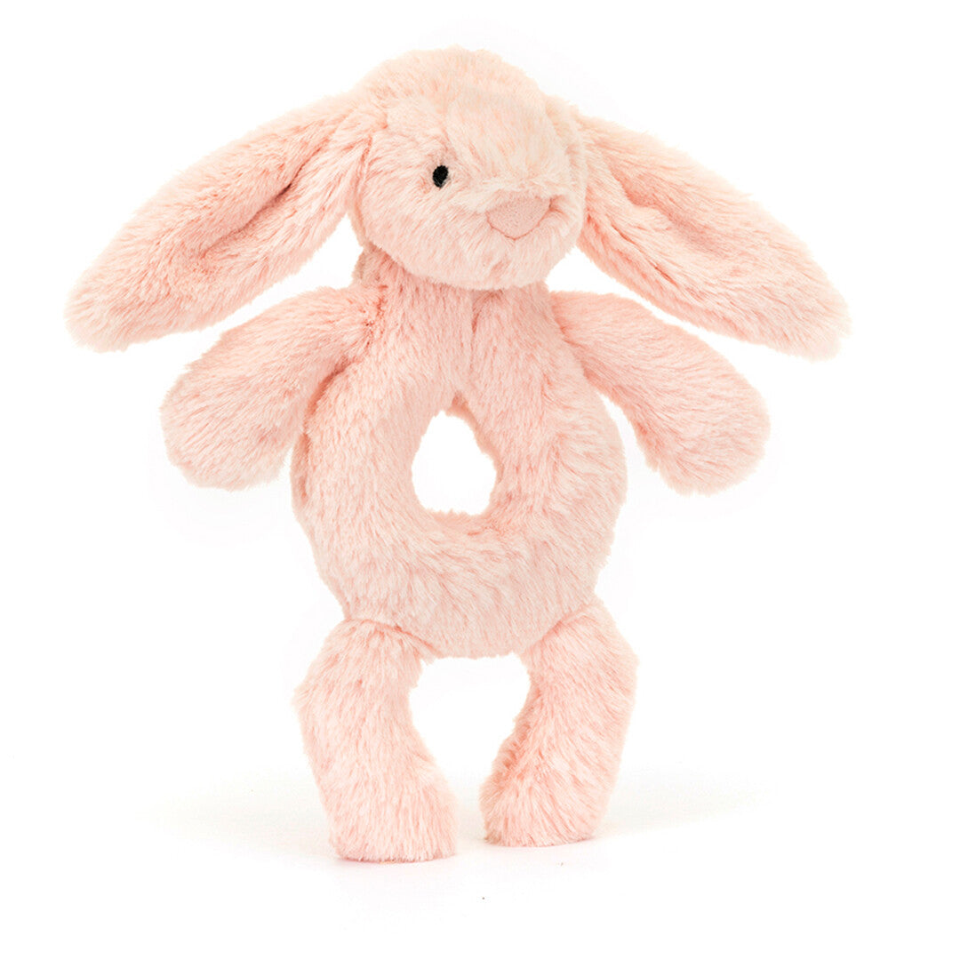 Jellycat roze konijn rammelaar voor baby's, van voren gezien.