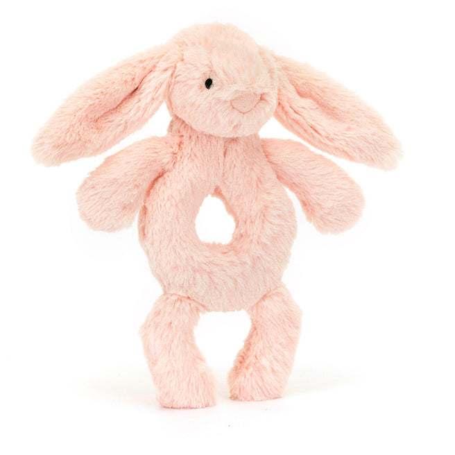 Jellycat roze konijn rammelaar voor baby's, van voren gezien.