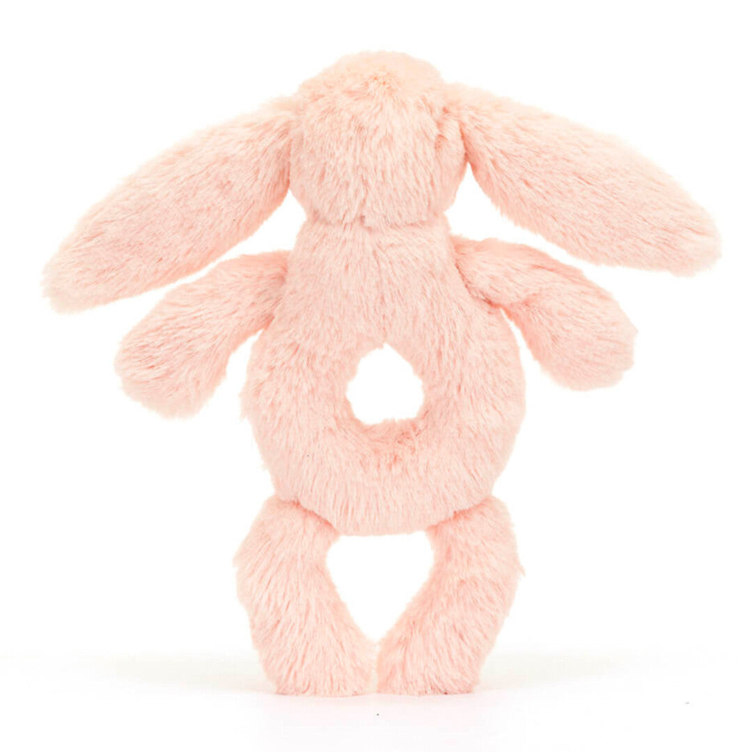 Achterkant van de Jellycat roze konijn rammelaar.